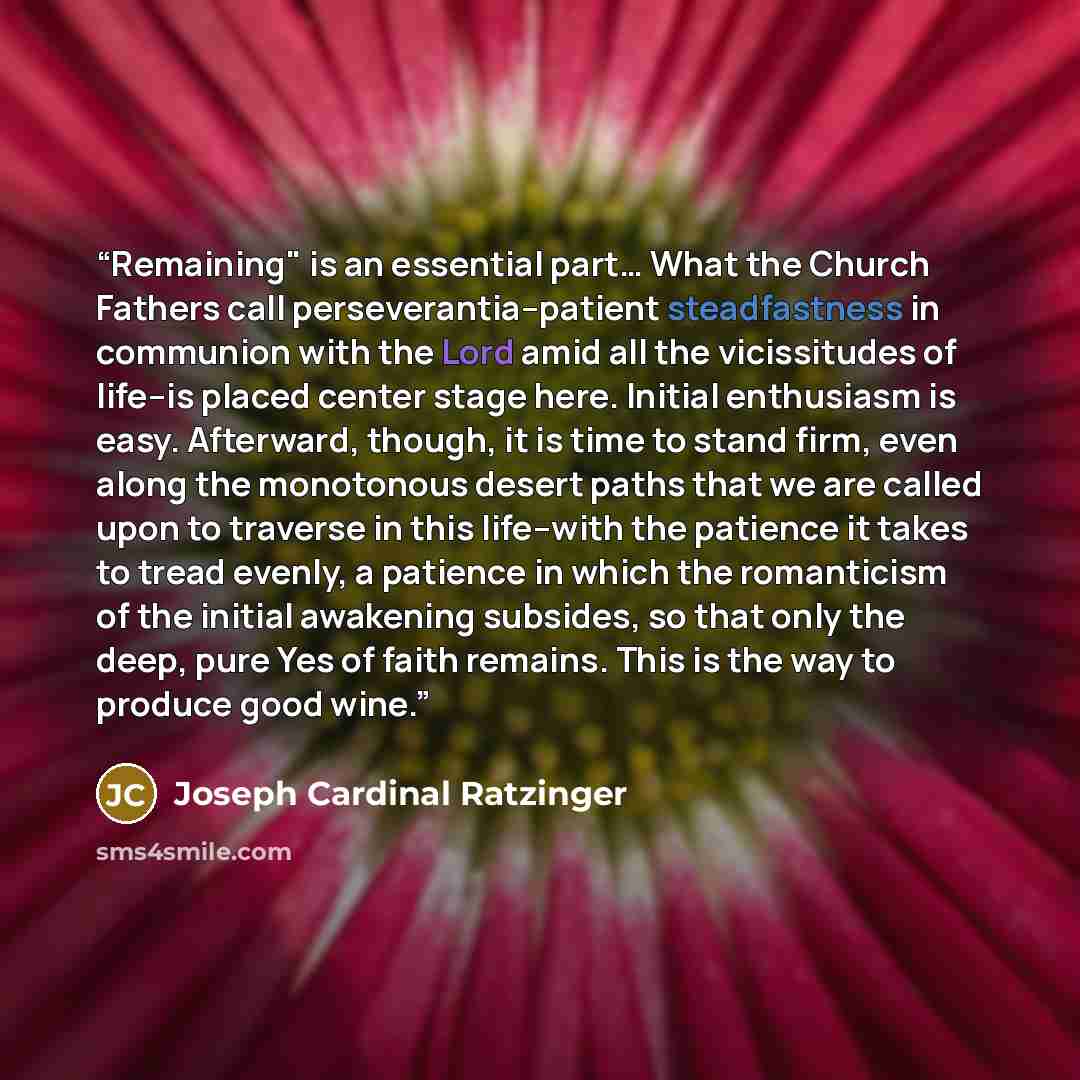 “Remaining" is an essential part… What the Church Fathers call perseverantia–patient steadfastness in communion with the Lord amid all the vicissitudes of life–is placed center stage here. Initial enthusiasm is easy. Afterward, though, it is time to stand firm, even along the monotonous desert…” quote by Joseph Cardinal Ratzinger
