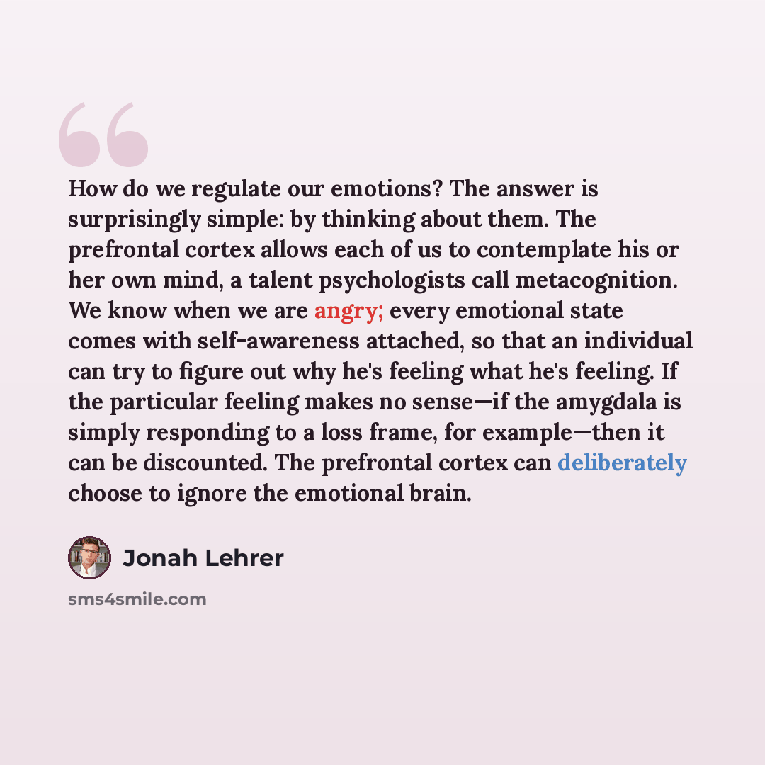 “How do we regulate our emotions? The answer is surprisingly simple: by thinking about them. The prefrontal cortex allows each of us to contemplate his or her own mind, a talent psychologists call metacognition. We know when we are angry; every emotional state comes with self-awareness attached, so…” quote by Jonah Lehrer