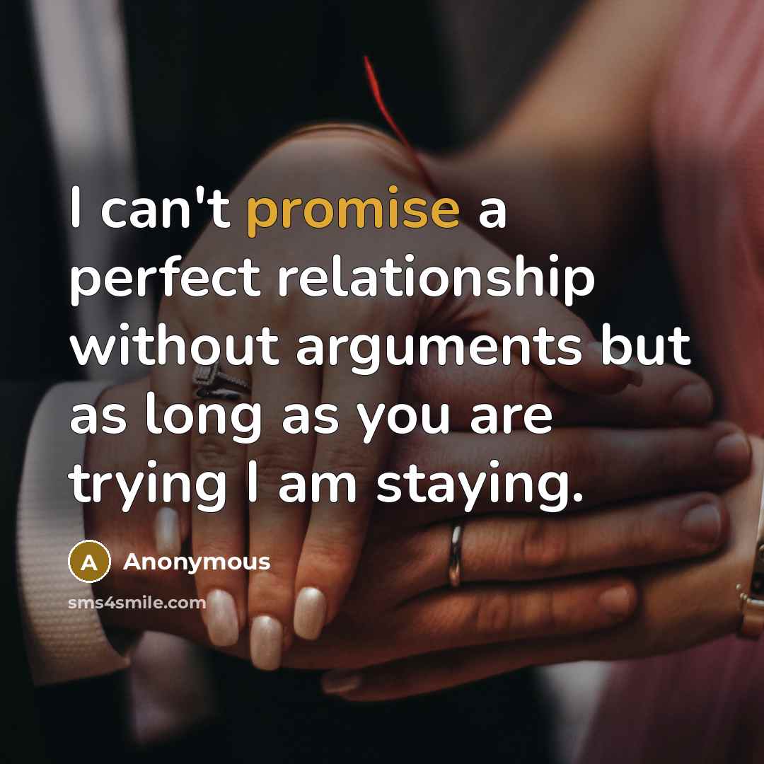 “I can't promise a perfect relationship without arguments but as long as you are trying I am staying.” quote by Anonymous