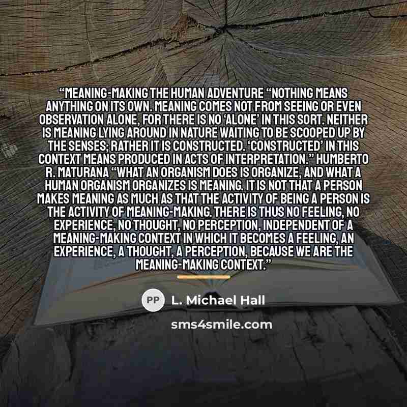 “MEANING-MAKING The Human Adventure “Nothing means anything on its own. Meaning comes not from seeing or even observation alone, for there is no ‘alone’ in this sort. Neither is meaning lying around in nature waiting to be scooped up by the senses; rather it is constructed. ‘Constructed’ in this…” quote by L. Michael Hall