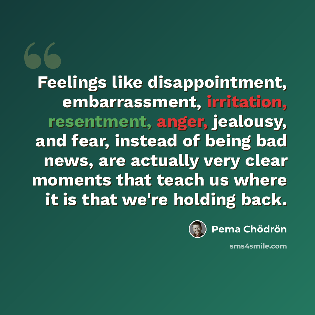 “Feelings like disappointment, embarrassment, irritation, resentment, anger, jealousy, and fear, instead of being bad news, are actually very clear moments that teach us where it is that we're holding back.” quote by Pema Chodron