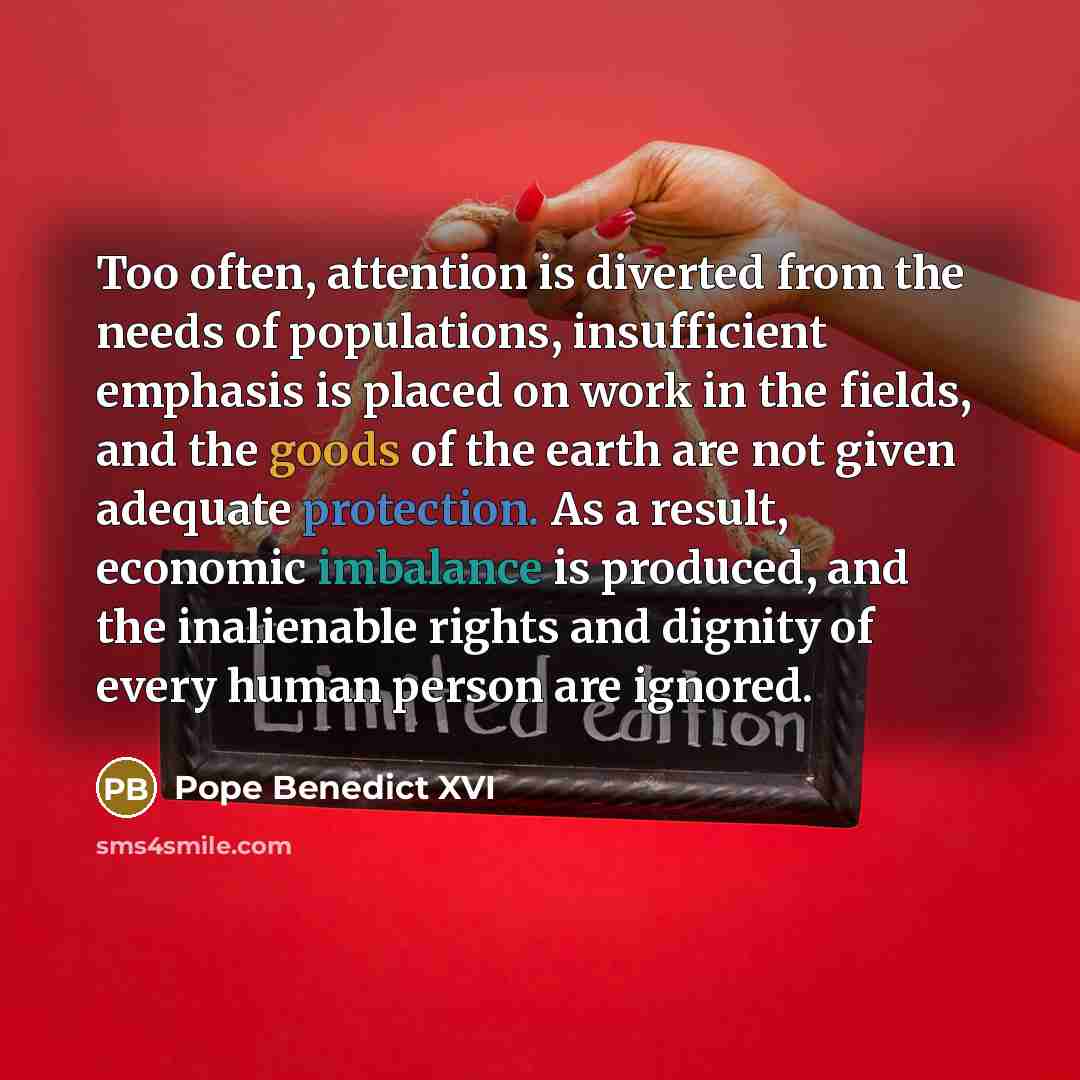 “Too often, attention is diverted from the needs of populations, insufficient emphasis is placed on work in the fields, and the goods of the earth are not given adequate protection. As a result, economic imbalance is produced, and the inalienable rights and dignity of every human person are ignored.” quote by Pope Benedict XVI