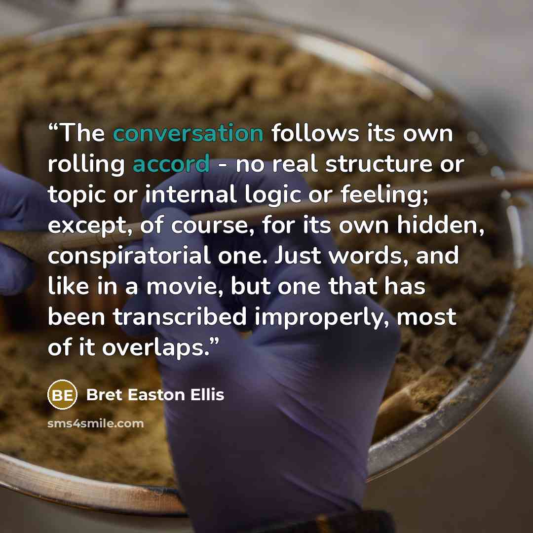 “The conversation follows its own rolling accord - no real structure or topic or internal logic or feeling; except, of course, for its own hidden, conspiratorial one. Just words, and like in a movie, but one that has been transcribed improperly, most of it overlaps.” quote by Bret Easton Ellis