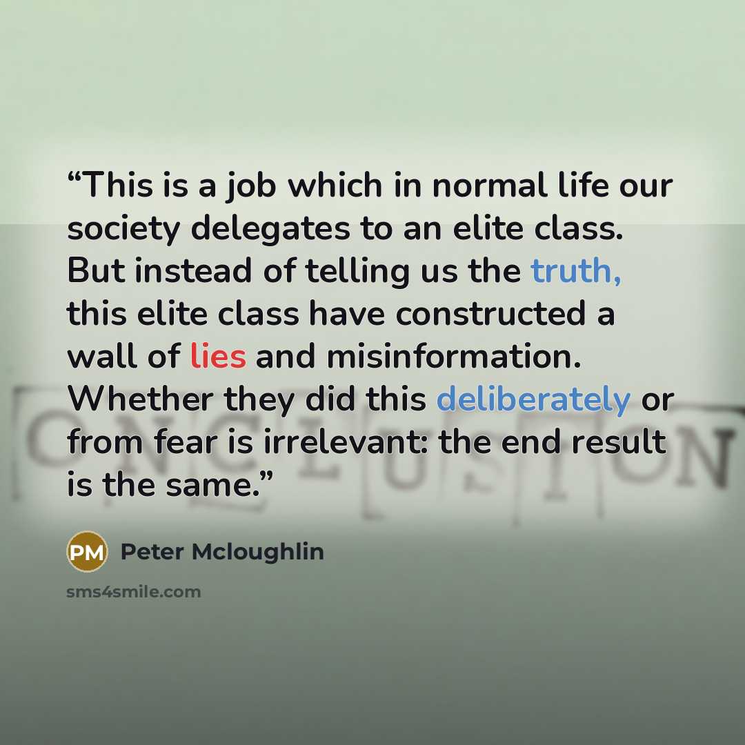 “This is a job which in normal life our society delegates to an elite class. But instead of telling us the truth, this elite class have constructed a wall of lies and misinformation. Whether they did this deliberately or from fear is irrelevant: the end result is the same.” quote by Peter Mcloughlin