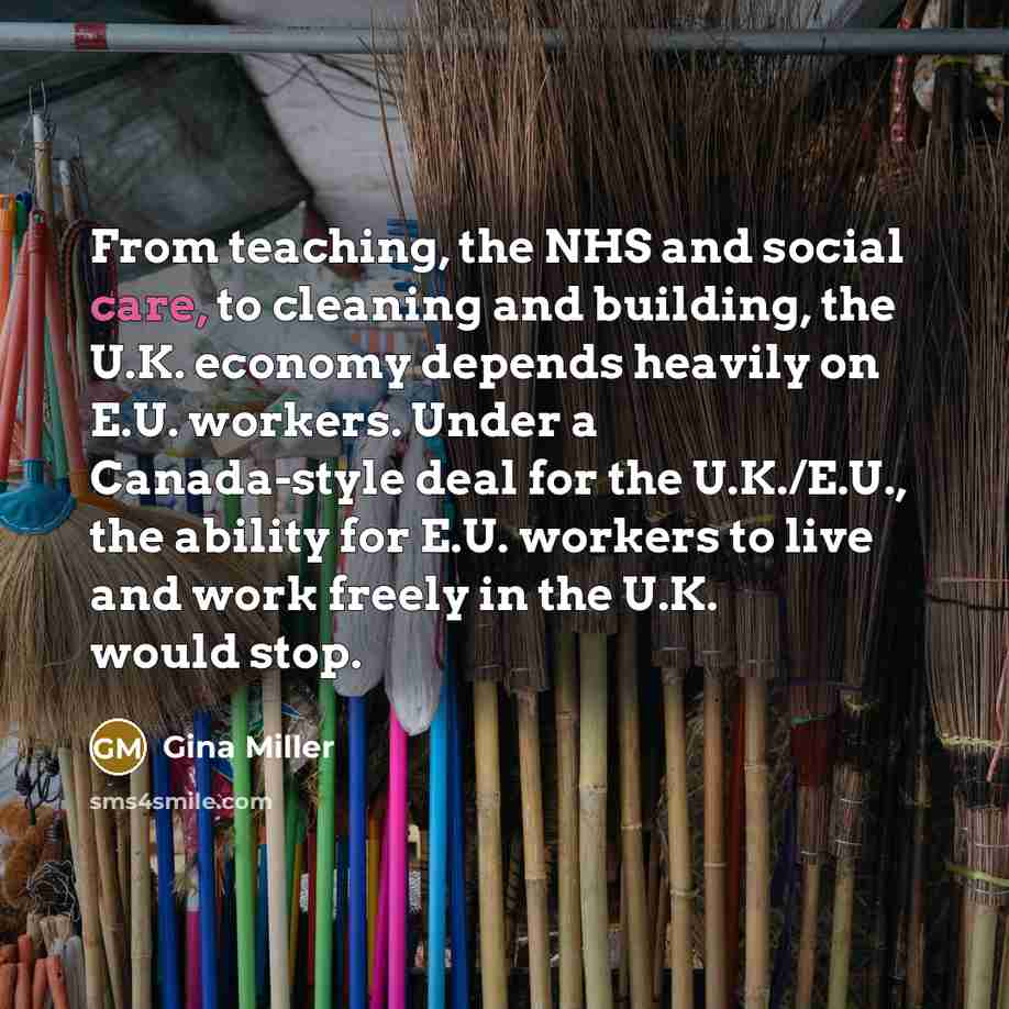 “From teaching, the NHS and social care, to cleaning and building, the U.K. economy depends heavily on E.U. workers. Under a Canada-style deal for the U.K./E.U., the ability for E.U. workers to live and work freely in the U.K. would stop.” quote by Gina Miller