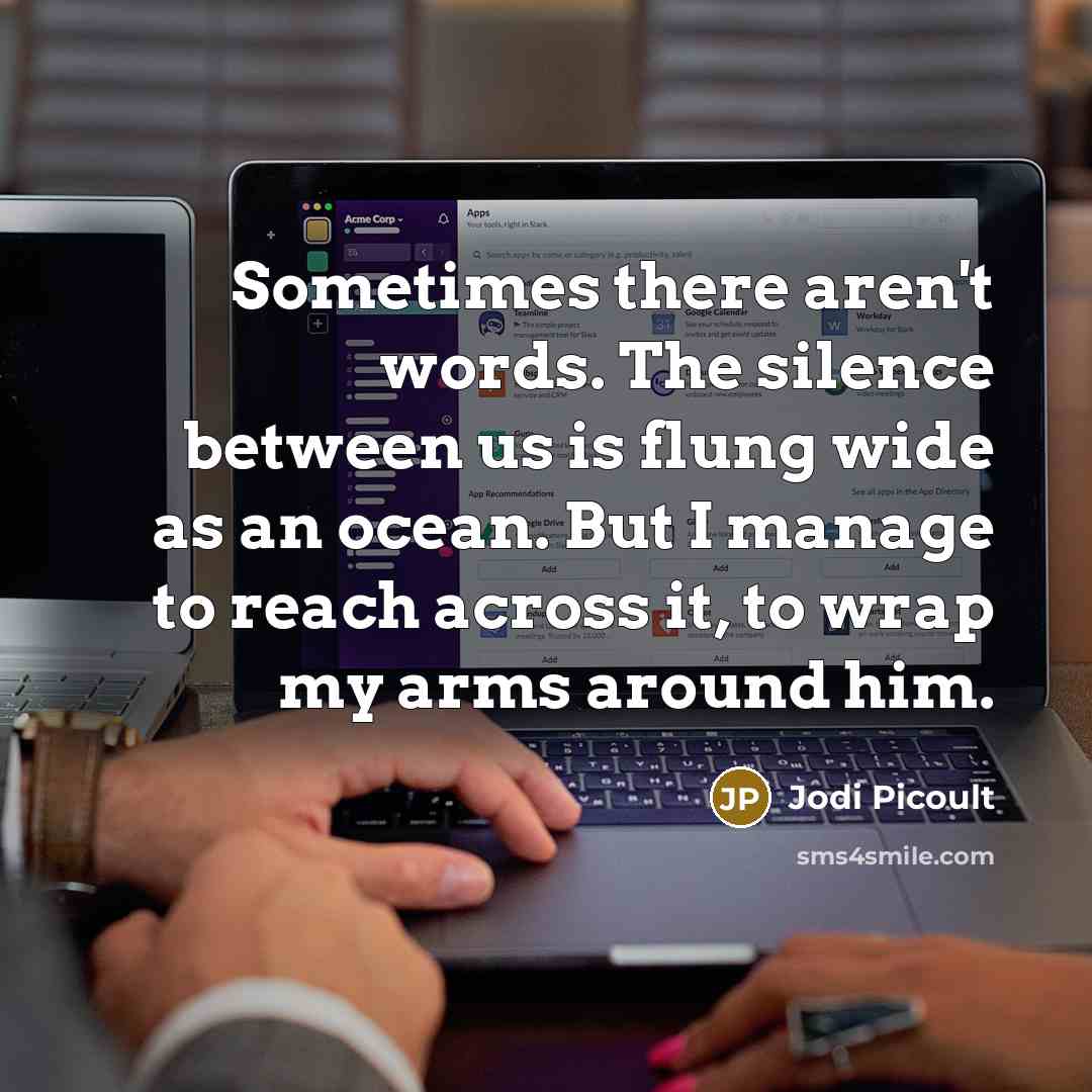 “Sometimes there aren't words. The silence between us is flung wide as an ocean. But I manage to reach across it, to wrap my arms around him.” quote by Jodi Picoult