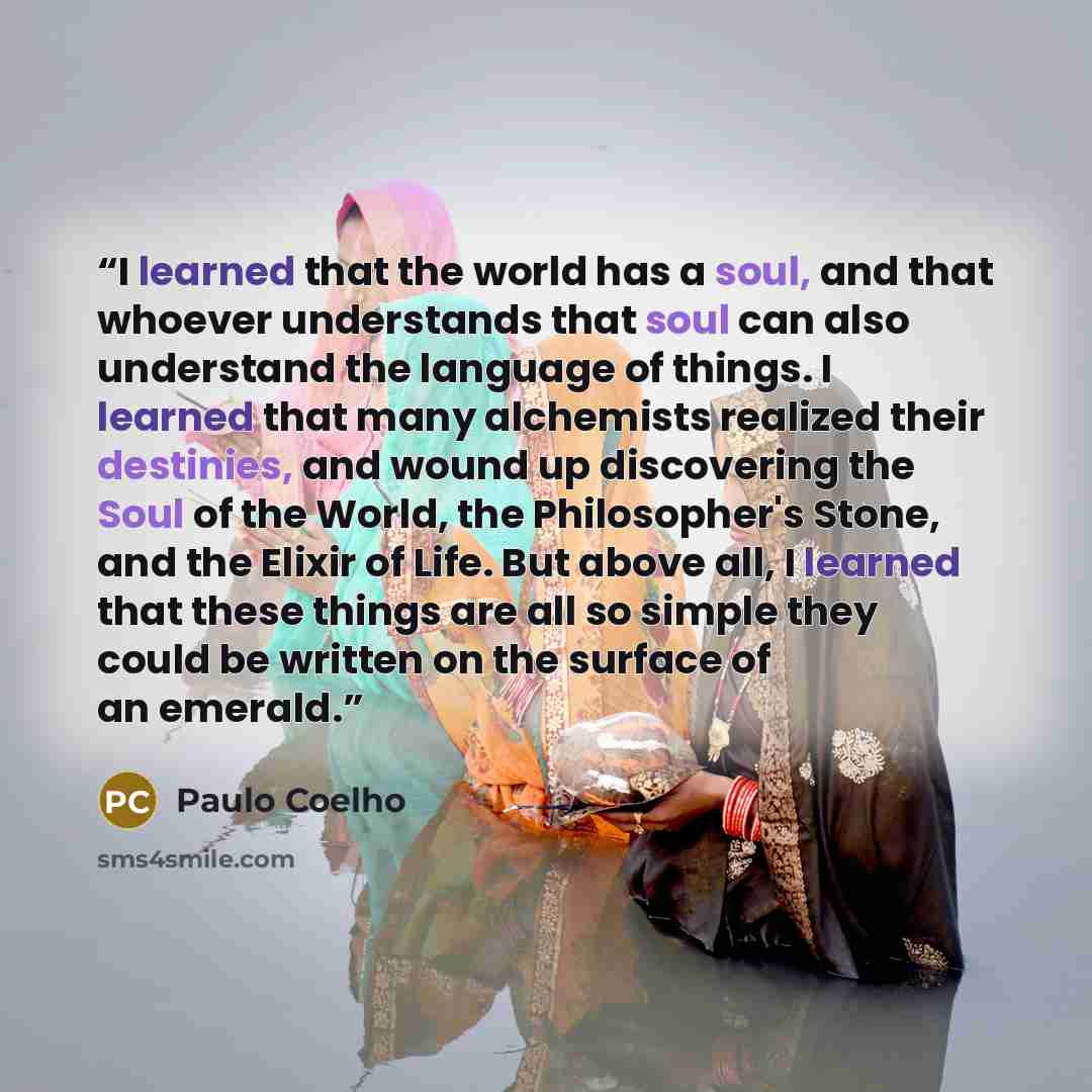“I learned that the world has a soul, and that whoever understands that soul can also understand the language of things. I learned that many alchemists realized their destinies, and wound up discovering the Soul of the World, the Philosopher's Stone, and the Elixir of Life. But above all, I learned…” quote by Paulo Coelho