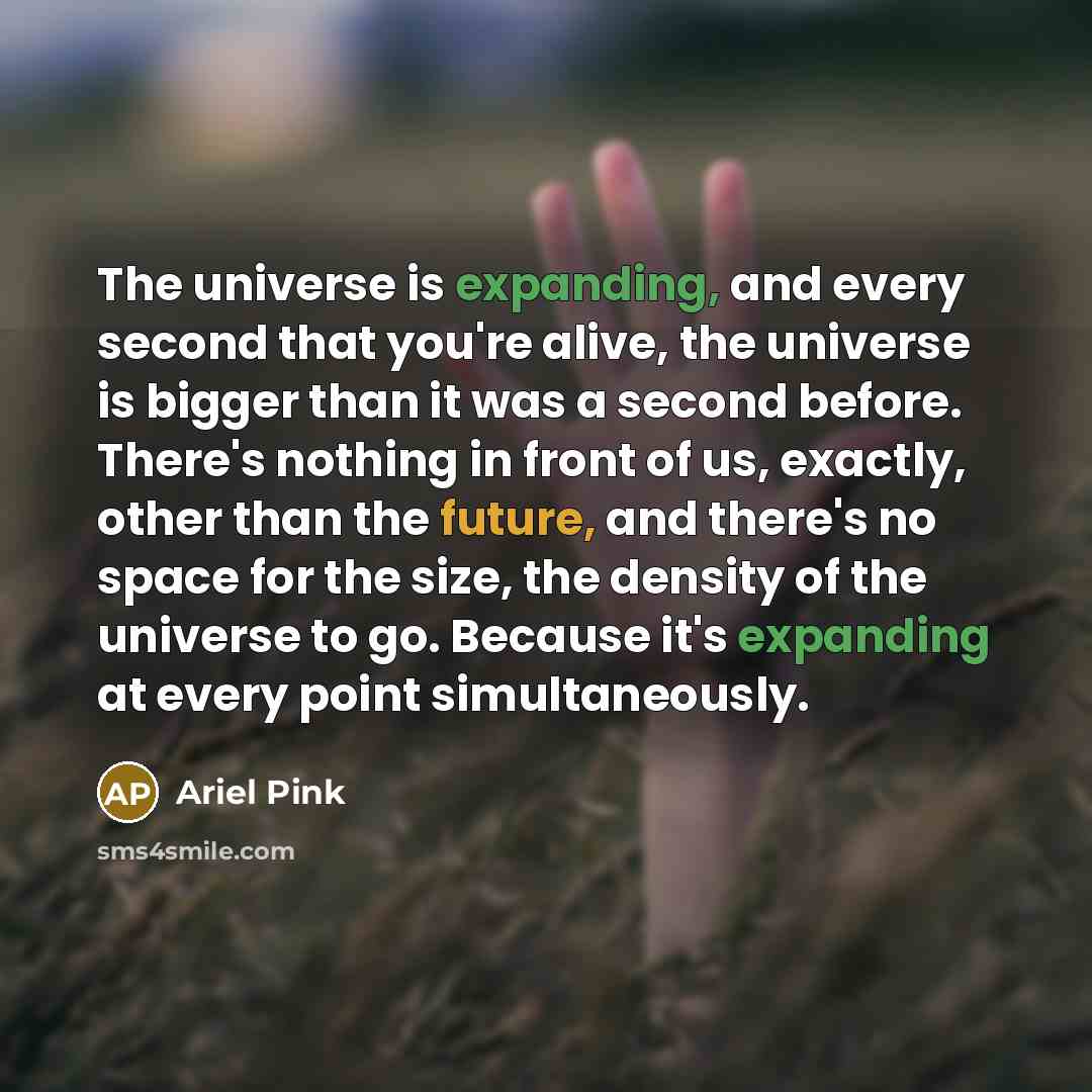 “The universe is expanding, and every second that you're alive, the universe is bigger than it was a second before. There's nothing in front of us, exactly, other than the future, and there's no space for the size, the density of the universe to go. Because it's expanding at every point…” quote by Ariel Pink