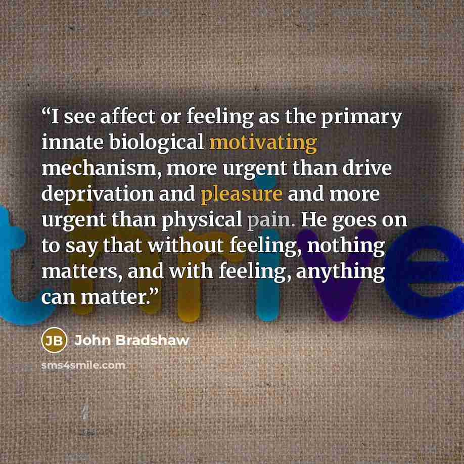 “I see affect or feeling as the primary innate biological motivating mechanism, more urgent than drive deprivation and pleasure and more urgent than physical pain. He goes on to say that without feeling, nothing matters, and with feeling, anything can matter.” quote by John Bradshaw