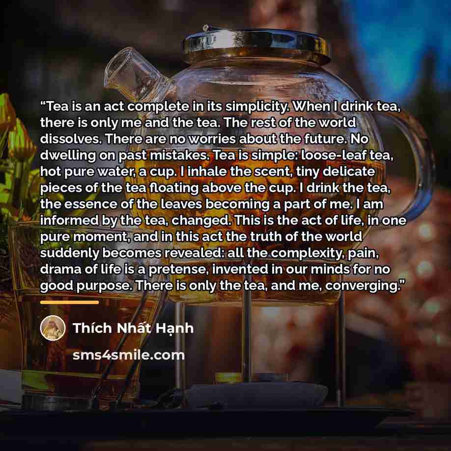 “Tea is an act complete in its simplicity. When I drink tea, there is only me and the tea. The rest of the world dissolves. There are no worries about the future. No dwelling on past mistakes. Tea is simple: loose-leaf tea, hot pure water, a cup. I inhale the scent, tiny delicate pieces of the tea…” quote by Thich Nhat Hanh