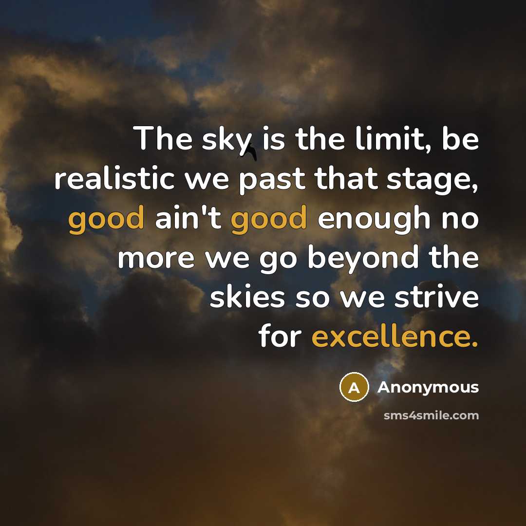 “The sky is the limit, be realistic we past that stage, good ain't good enough no more we go beyond the skies so we strive for excellence.” quote by Anonymous