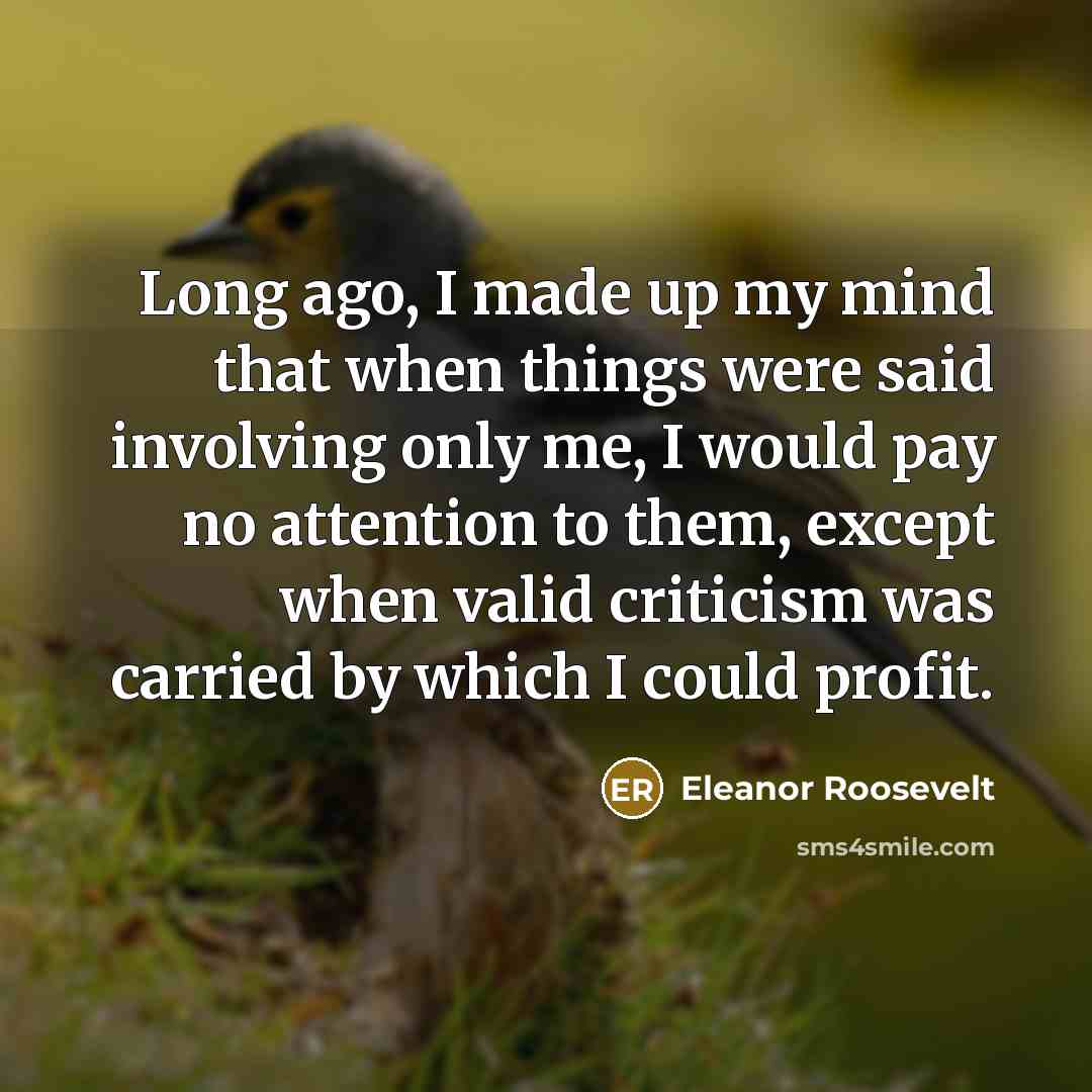 “Long ago, I made up my mind that when things were said involving only me, I would pay no attention to them, except when valid criticism was carried by which I could profit.” quote by Eleanor Roosevelt