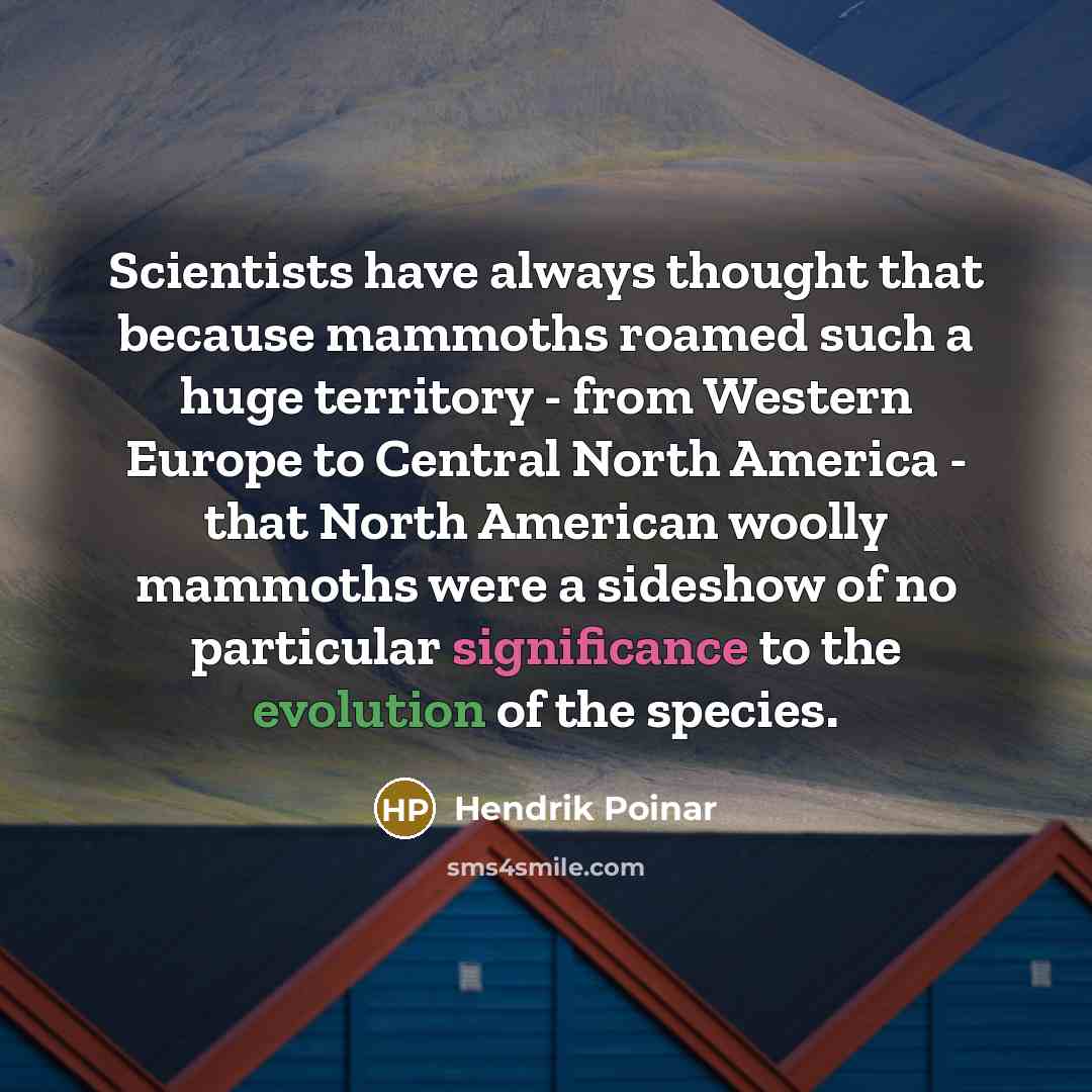 “Scientists have always thought that because mammoths roamed such a huge territory - from Western Europe to Central North America - that North American woolly mammoths were a sideshow of no particular significance to the evolution of the species.” quote by Hendrik Poinar