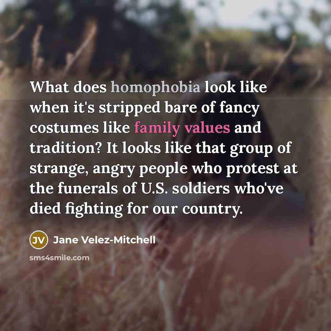 “What does homophobia look like when it's stripped bare of fancy costumes like family values and tradition? It looks like that group of strange, angry people who protest at the funerals of U.S. soldiers who've died fighting for our country.” quote by Jane Velez-Mitchell
