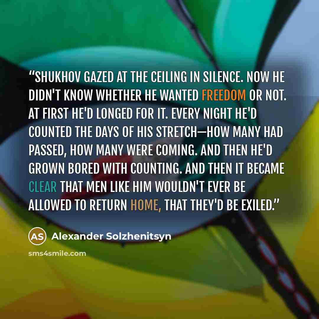 “Shukhov gazed at the ceiling in silence. Now he didn't know whether he wanted freedom or not. At first he'd longed for it. Every night he'd counted the days of his stretch—how many had passed, how many were coming. And then he'd grown bored with counting. And then it became clear that men like him…” quote by Alexander Solzhenitsyn