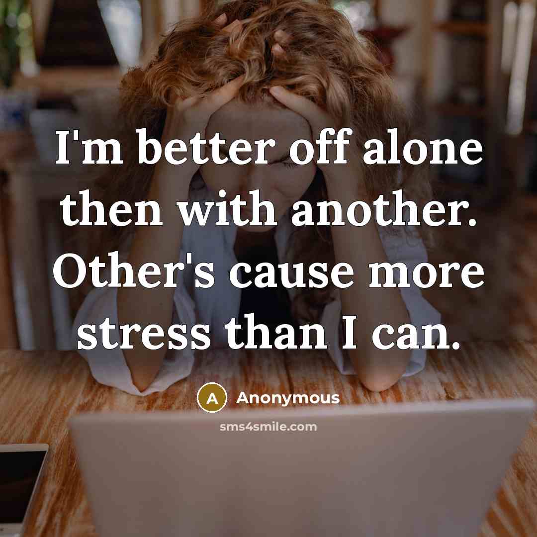 “I'm better off alone then with another. Other's cause more stress than I can.” quote by Anonymous