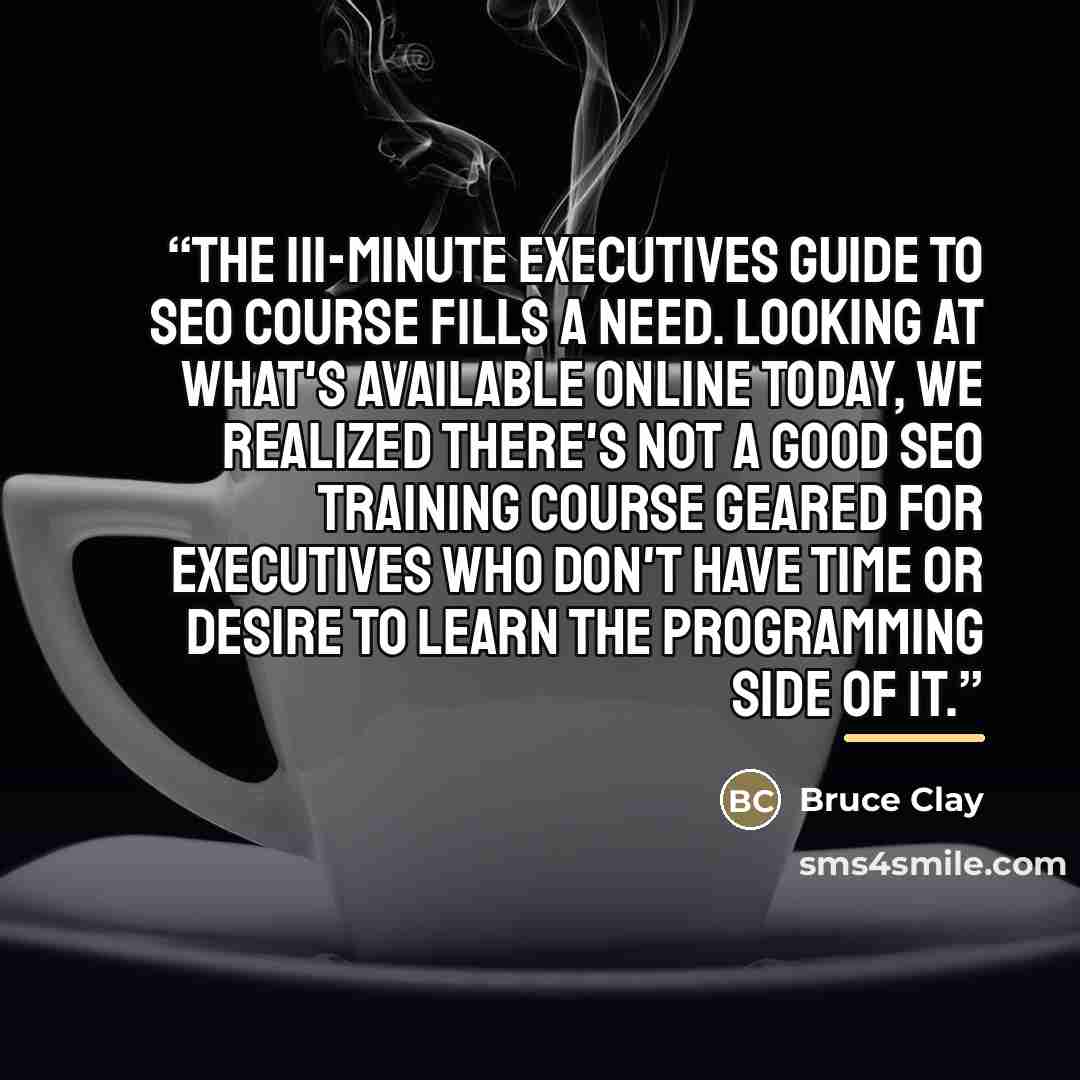 “The 111-Minute Executives Guide to SEO course fills a need. Looking at what's available online today, we realized there's not a good SEO training course geared for executives who don't have time or desire to learn the programming side of it.” quote by Bruce Clay
