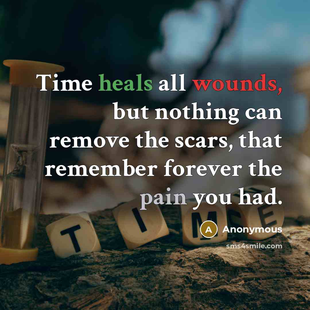 “Time heals all wounds, but nothing can remove the scars, that remember forever the pain you had.” quote by Anonymous