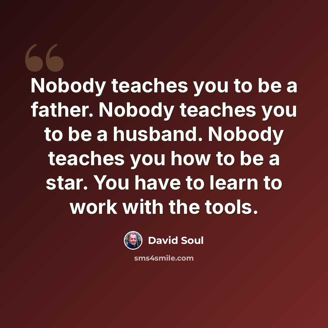 “Nobody teaches you to be a father. Nobody teaches you to be a husband. Nobody teaches you how to be a star. You have to learn to work with the tools.” quote by David Soul