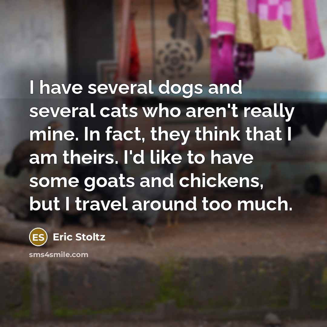 “I have several dogs and several cats who aren't really mine. In fact, they think that I am theirs. I'd like to have some goats and chickens, but I travel around too much.” quote by Eric Stoltz