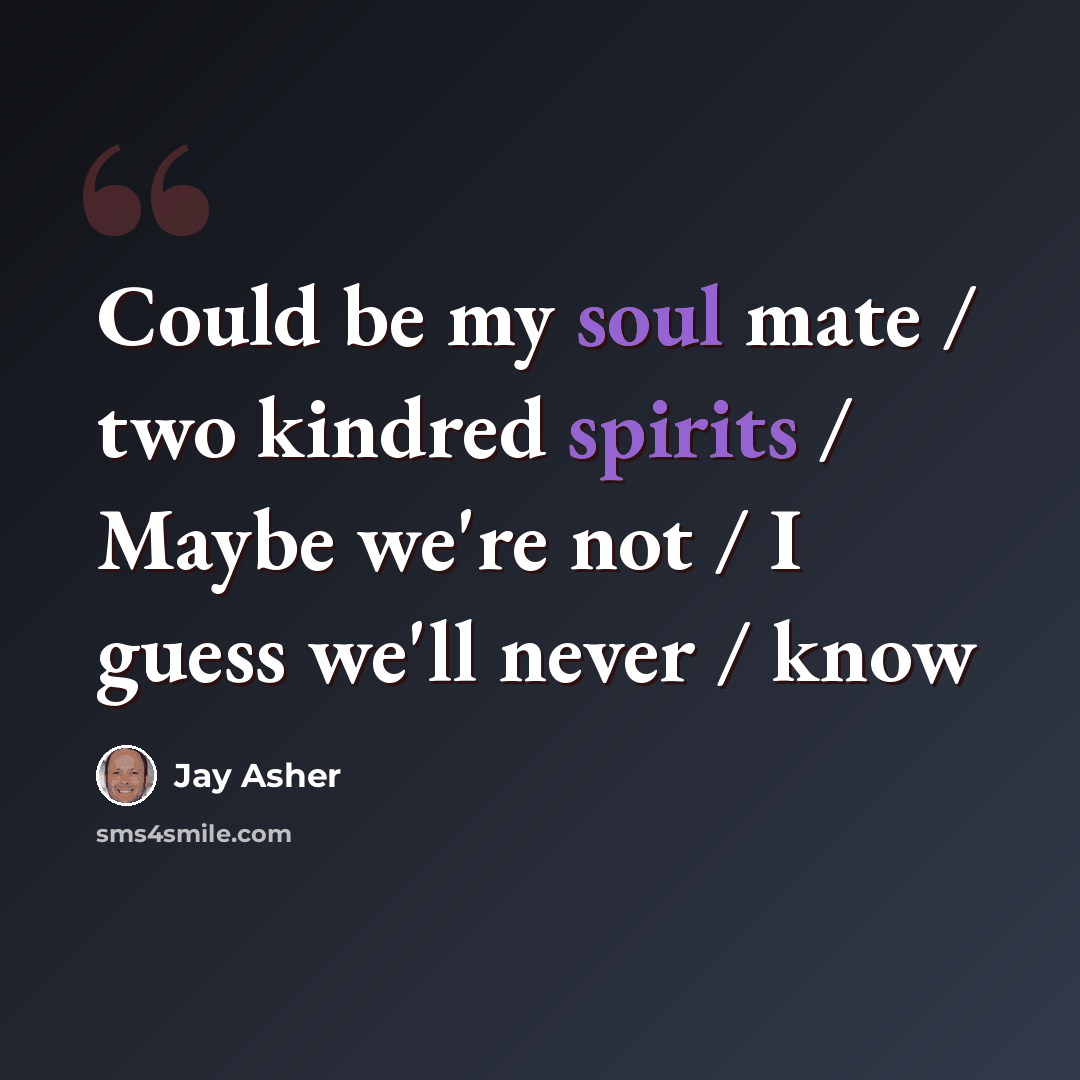 “Could be my soul mate / two kindred spirits / Maybe we're not / I guess we'll never / know” quote by Jay Asher