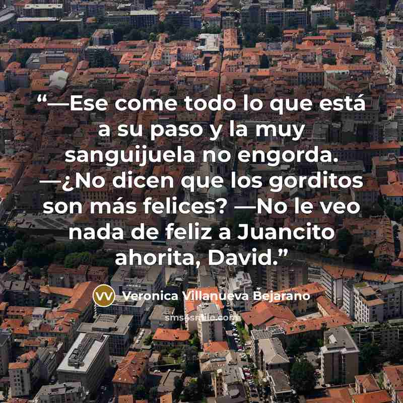 “—Ese come todo lo que está a su paso y la muy sanguijuela no engorda. —¿No dicen que los gorditos son más felices? —No le veo nada de feliz a Juancito ahorita, David.” quote by Veronica Villanueva Bejarano