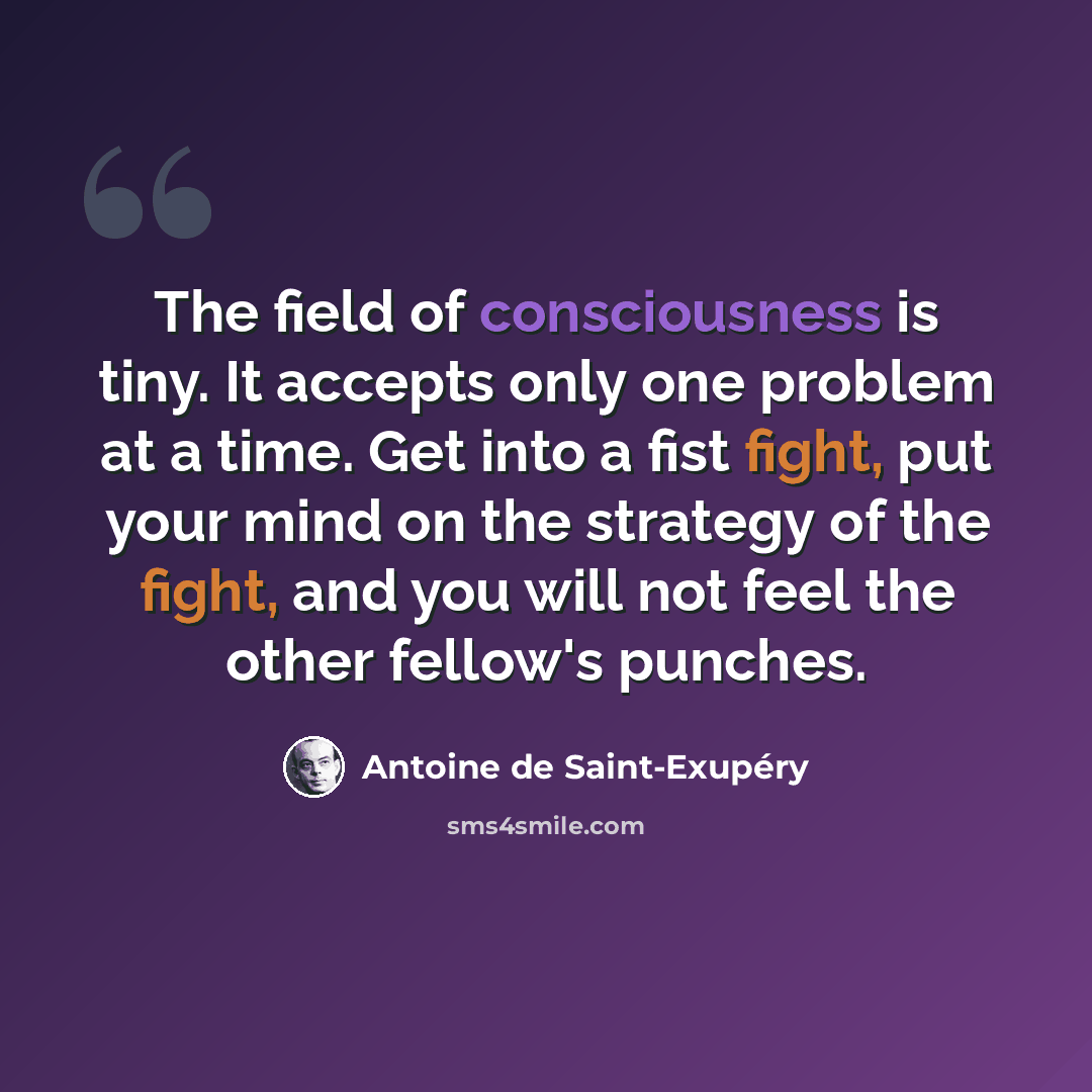 “The field of consciousness is tiny. It accepts only one problem at a time. Get into a fist fight, put your mind on the strategy of the fight, and you will not feel the other fellow's punches.” quote by Antoine de Saint-Exupery