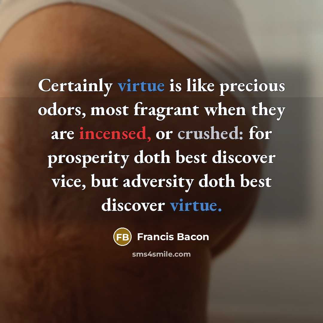 “Certainly virtue is like precious odors, most fragrant when they are incensed, or crushed: for prosperity doth best discover vice, but adversity doth best discover virtue.” quote by Francis Bacon