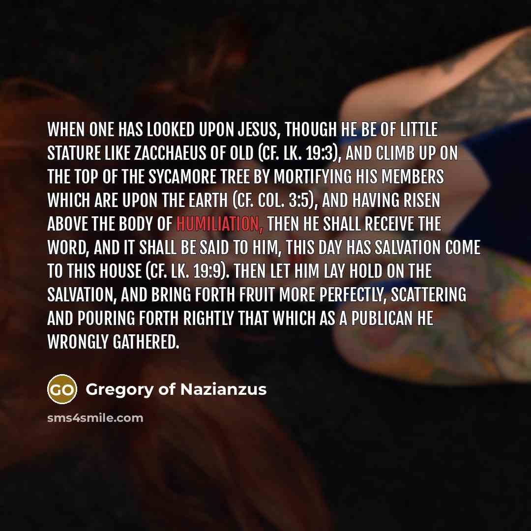 “When one has looked upon Jesus, though he be of little stature like Zacchaeus of old (cf. Lk. 19:3), and climb up on the top of the sycamore tree by mortifying his members which are upon the earth (cf. Col. 3:5), and having risen above the body of humiliation, then he shall receive the Word, and…” quote by Gregory of Nazianzus