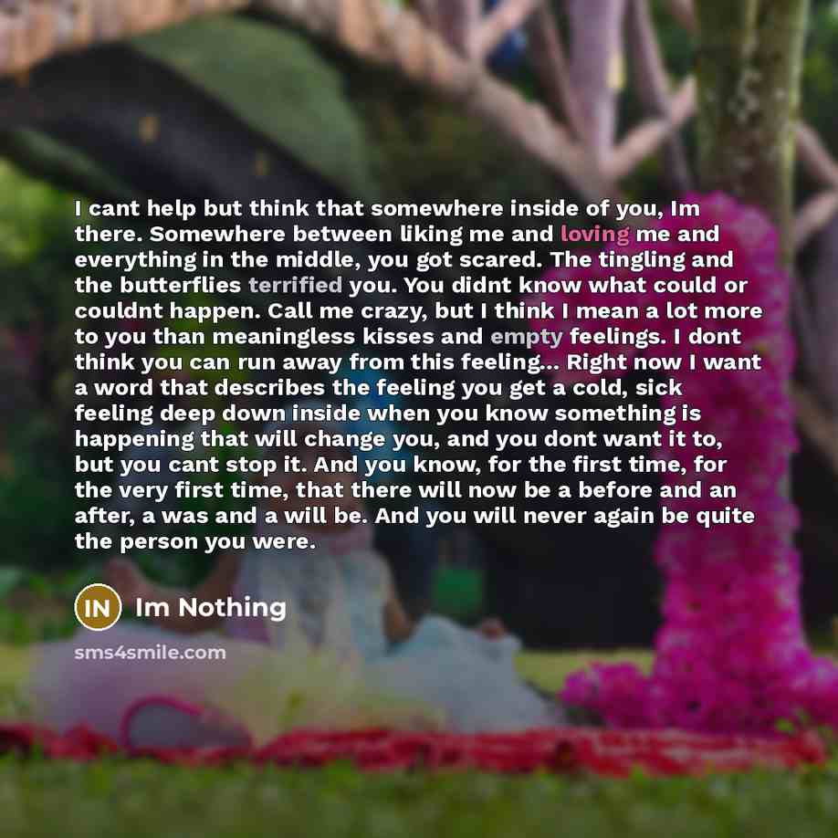 “I cant help but think that somewhere inside of you, Im there. Somewhere between liking me and loving me and everything in the middle, you got scared. The tingling and the butterflies terrified you. You didnt know what could or couldnt happen. Call me crazy, but I think I mean a lot more to you…” quote by Im Nothing