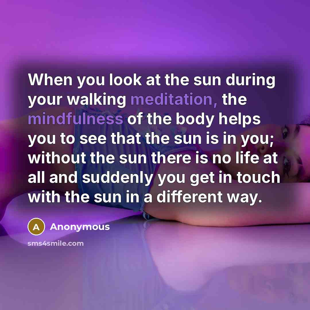 “When you look at the sun during your walking meditation, the mindfulness of the body helps you to see that the sun is in you; without the sun there is no life at all and suddenly you get in touch with the sun in a different way.” quote by Anonymous