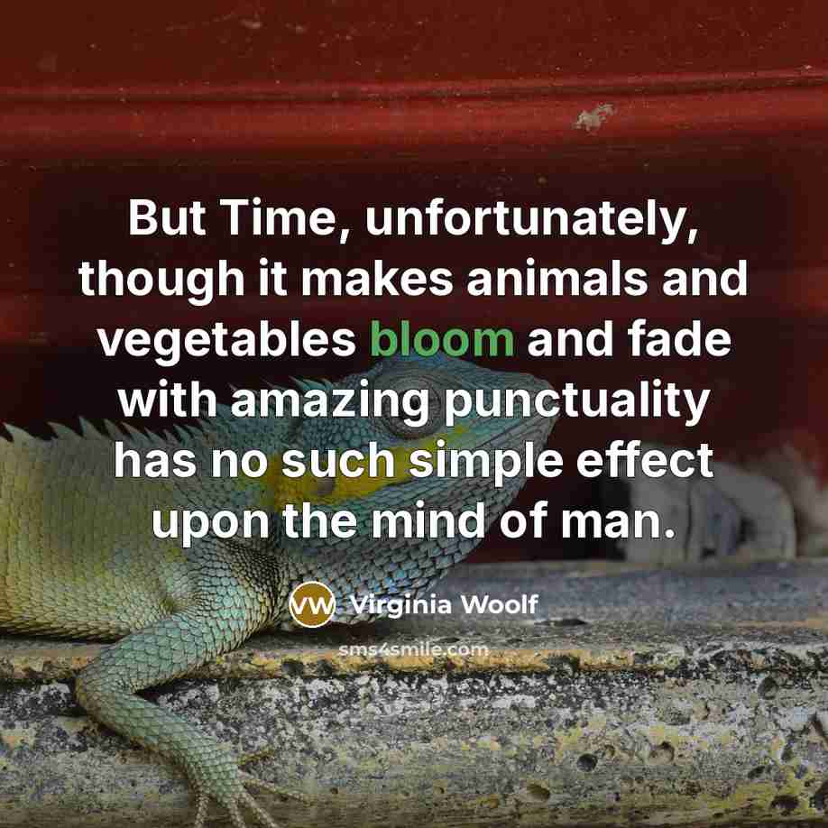 “But Time, unfortunately, though it makes animals and vegetables bloom and fade with amazing punctuality has no such simple effect upon the mind of man.” quote by Virginia Woolf
