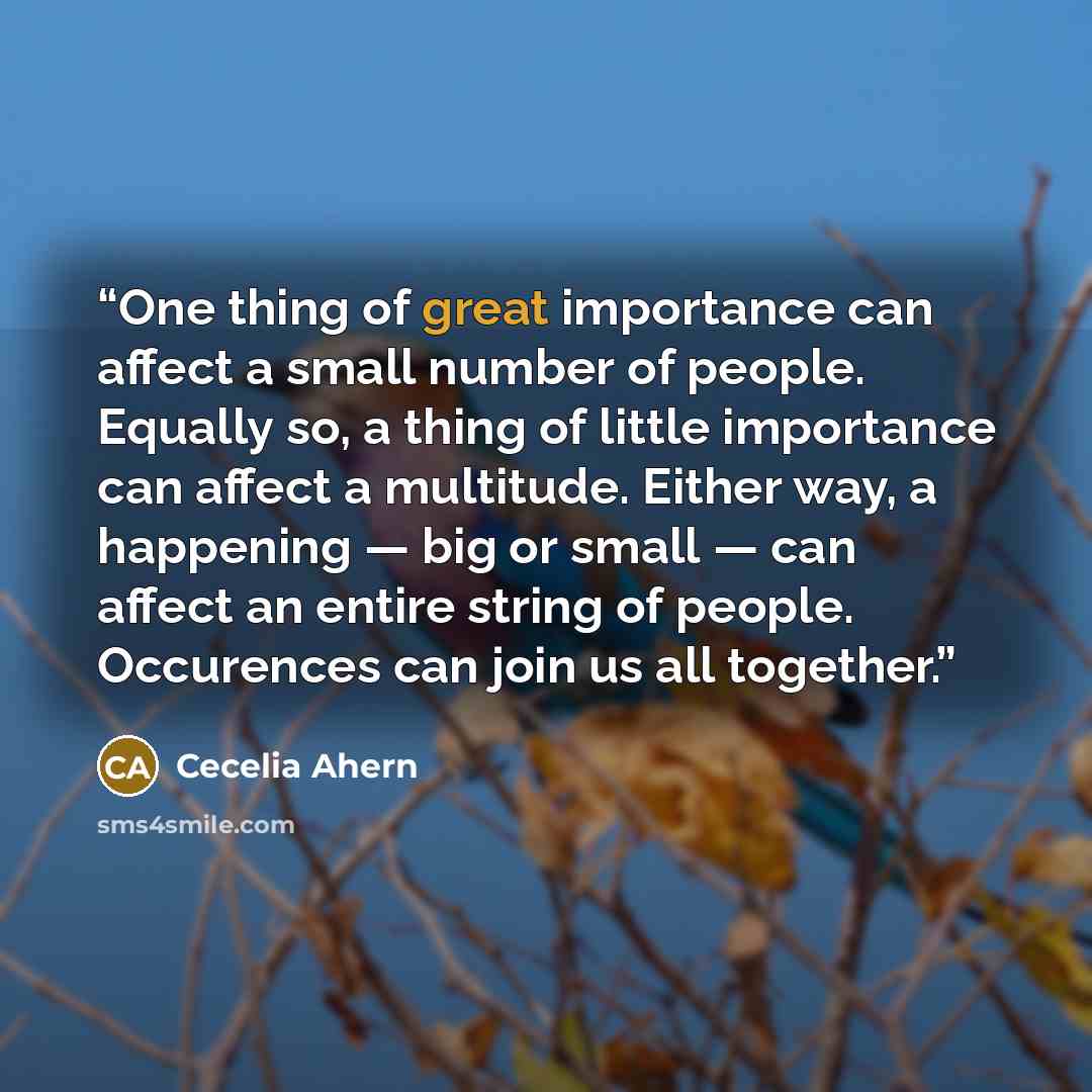“One thing of great importance can affect a small number of people. Equally so, a thing of little importance can affect a multitude. Either way, a happening — big or small — can affect an entire string of people. Occurences can join us all together.” quote by Cecelia Ahern