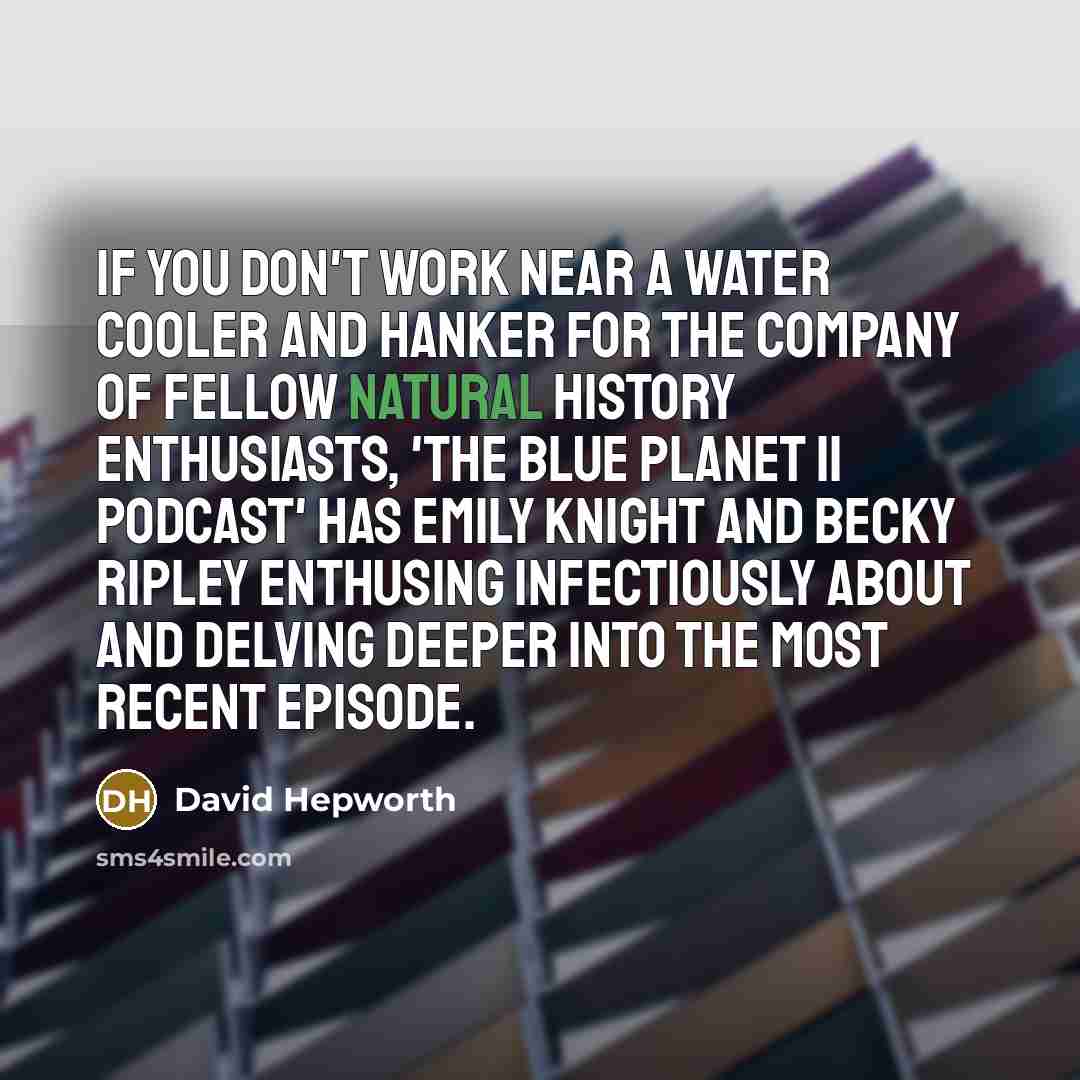 “If you don't work near a water cooler and hanker for the company of fellow natural history enthusiasts, 'The Blue Planet II Podcast' has Emily Knight and Becky Ripley enthusing infectiously about and delving deeper into the most recent episode.” quote by David Hepworth