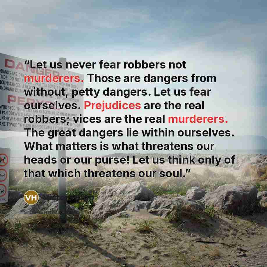 “Let us never fear robbers not murderers. Those are dangers from without, petty dangers. Let us fear ourselves. Prejudices are the real robbers; vices are the real murderers. The great dangers lie within ourselves. What matters is what threatens our heads or our purse! Let us think only of that…” quote by Victor Hugo