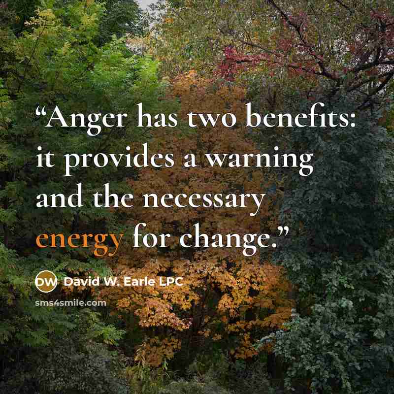 “Anger has two benefits: it provides a warning and the necessary energy for change.” quote by David W. Earle LPC