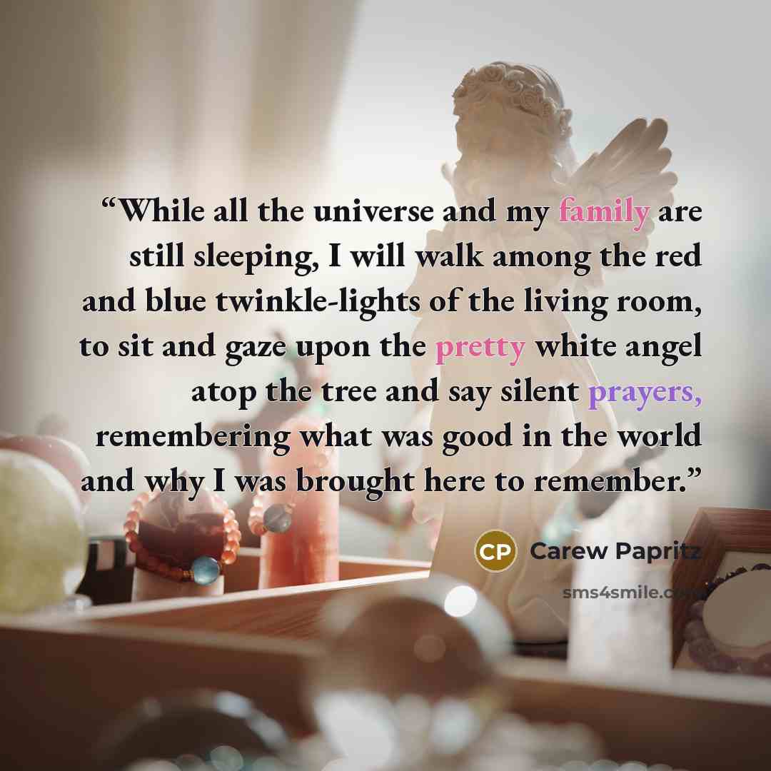 “While all the universe and my family are still sleeping, I will walk among the red and blue twinkle-lights of the living room, to sit and gaze upon the pretty white angel atop the tree and say silent prayers, remembering what was good in the world and why I was brought here to remember.” quote by Carew Papritz