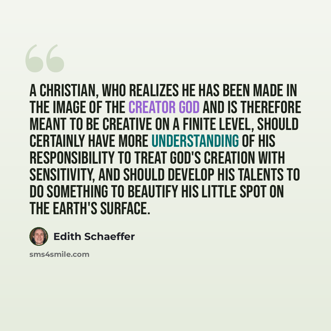“A Christian, who realizes he has been made in the image of the Creator God and is therefore meant to be creative on a finite level, should certainly have more understanding of his responsibility to treat God's creation with sensitivity, and should develop his talents to do something to beautify…” quote by Edith Schaeffer