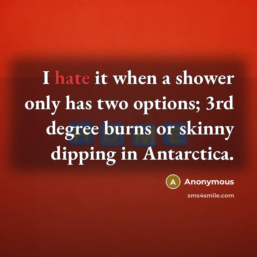 “I hate it when a shower only has two options; 3rd degree burns or skinny dipping in Antarctica.” quote by Anonymous