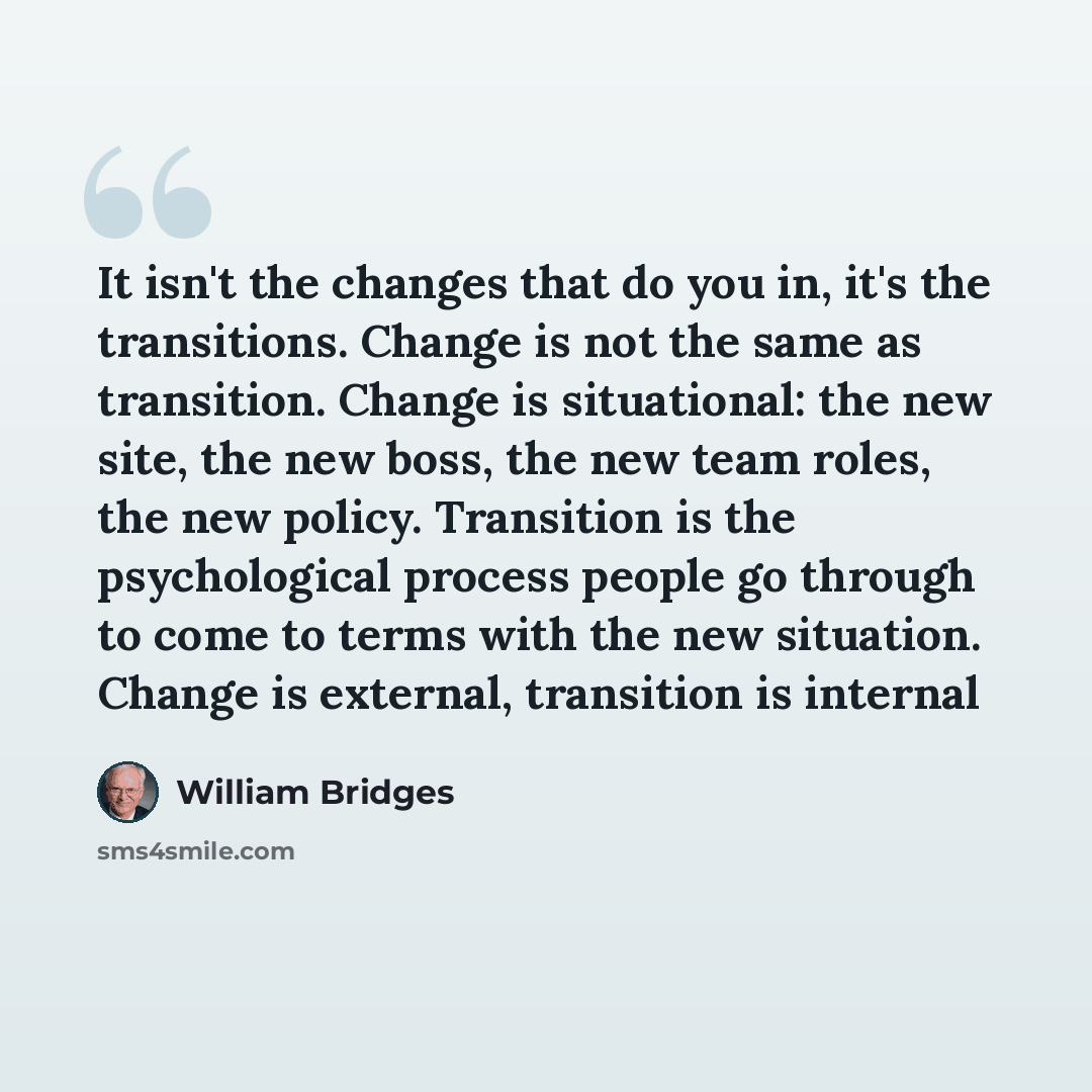 “It isn't the changes that do you in, it's the transitions. Change is not the same as transition. Change is situational: the new site, the new boss, the new team roles, the new policy. Transition is the psychological process people go through to come to terms with the new situation. Change is…” quote by William Bridges