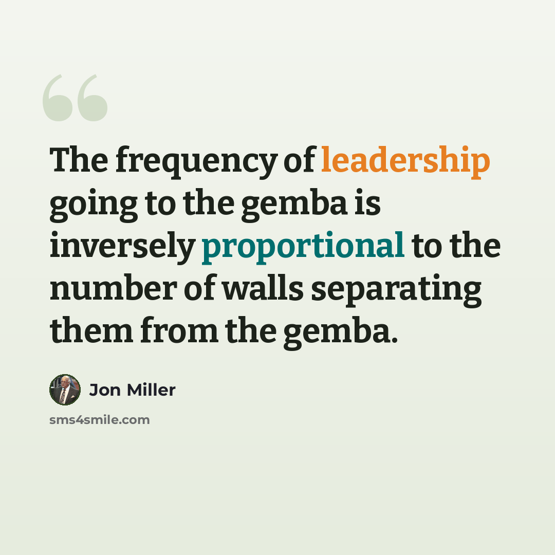 “The frequency of leadership going to the gemba is inversely proportional to the number of walls separating them from the gemba.” quote by Jon Miller
