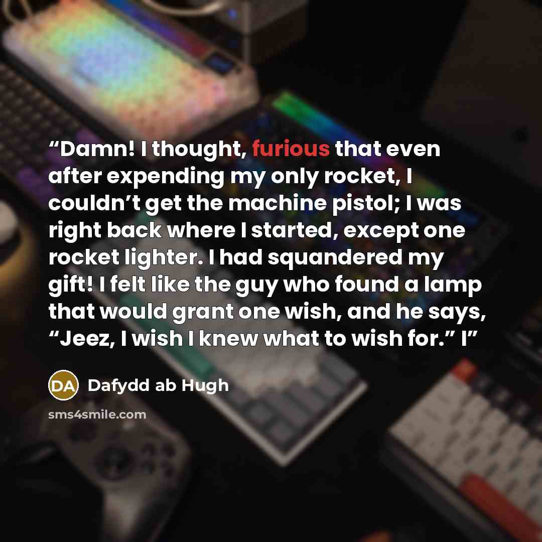 “Damn! I thought, furious that even after expending my only rocket, I couldn’t get the machine pistol; I was right back where I started, except one rocket lighter. I had squandered my gift! I felt like the guy who found a lamp that would grant one wish, and he says, “Jeez, I wish I knew what to…” quote by Dafydd ab Hugh