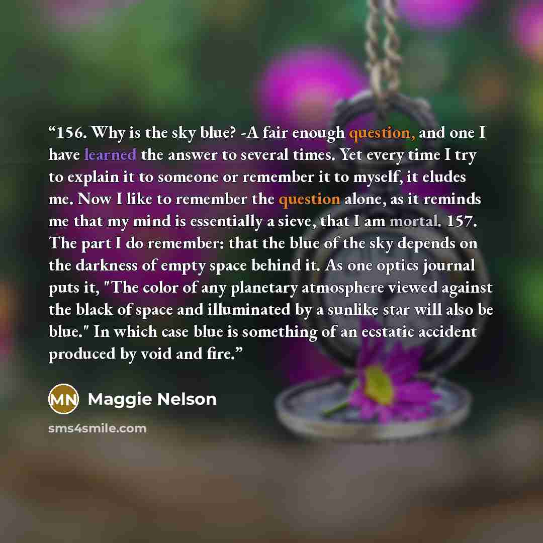 “156. Why is the sky blue? -A fair enough question, and one I have learned the answer to several times. Yet every time I try to explain it to someone or remember it to myself, it eludes me. Now I like to remember the question alone, as it reminds me that my mind is essentially a sieve, that I am…” quote by Maggie Nelson