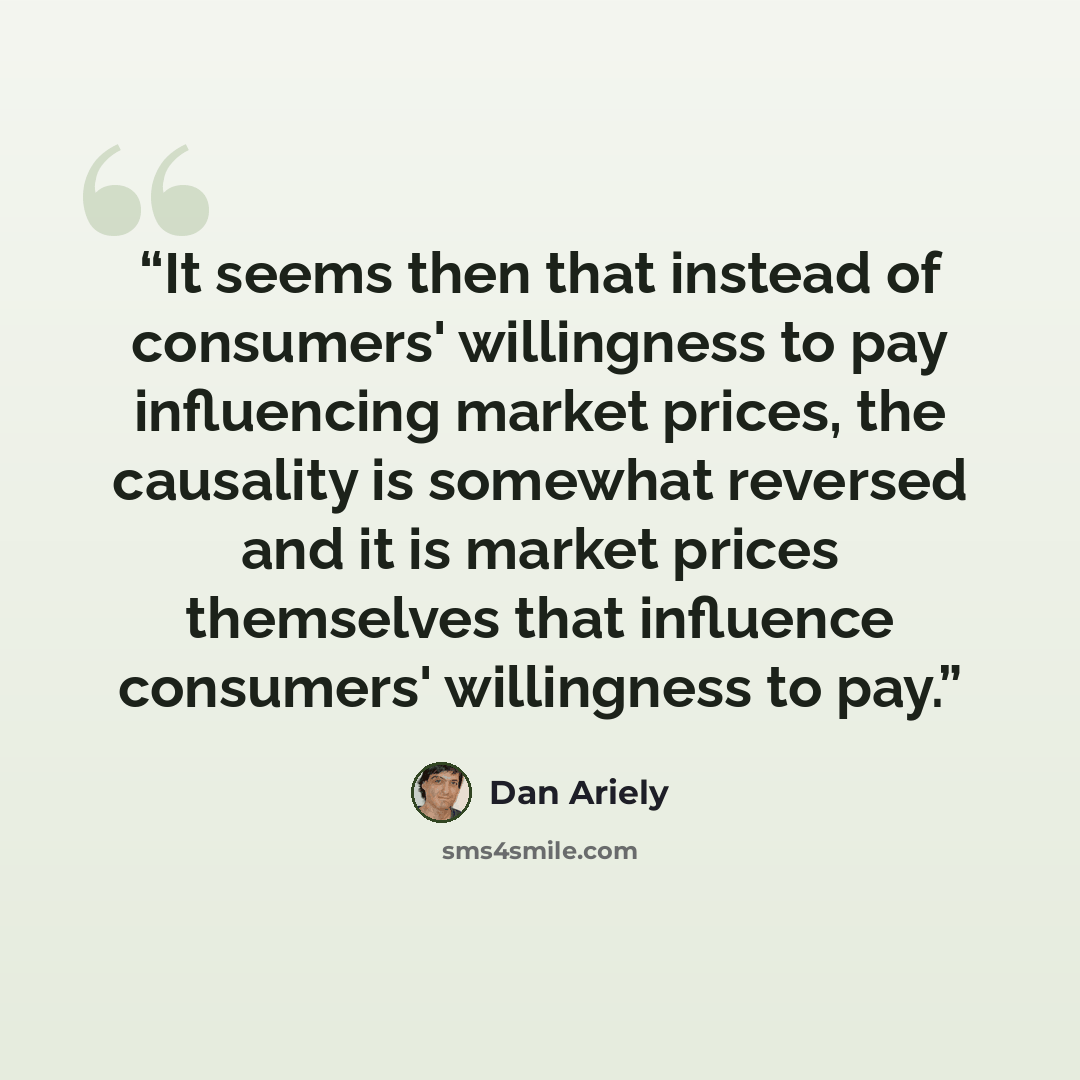 “It seems then that instead of consumers' willingness to pay influencing market prices, the causality is somewhat reversed and it is market prices themselves that influence consumers' willingness to pay.” quote by Dan Ariely