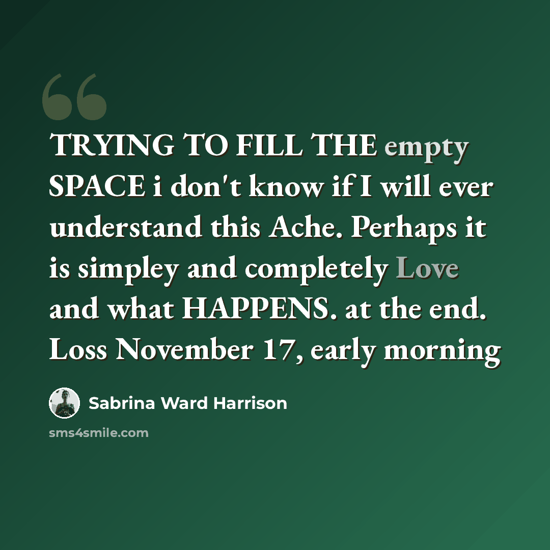 “TRYING TO FILL THE empty SPACE i don't know if I will ever understand this Ache. Perhaps it is simpley and completely Love and what HAPPENS. at the end. Loss November 17, early morning” quote by Sabrina Ward Harrison