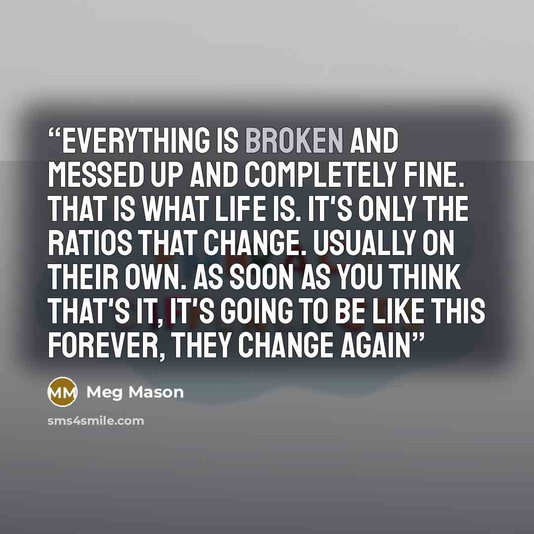 “Everything is broken and messed up and completely fine. That is what life is. It's only the ratios that change. Usually on their own. As soon as you think that's it, it's going to be like this forever, they change again” quote by Meg Mason