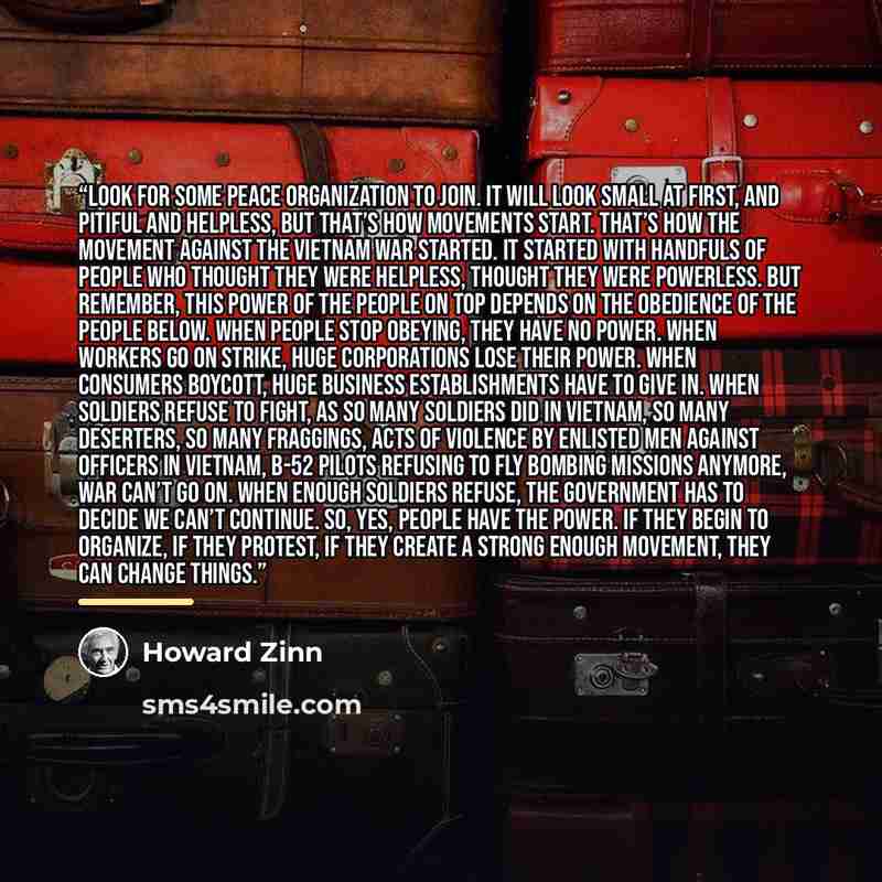 “Look for some peace organization to join. It will look small at first, and pitiful and helpless, but that’s how movements start. That’s how the movement against the Vietnam War started. It started with handfuls of people who thought they were helpless, thought they were powerless. But remember…” quote by Howard Zinn