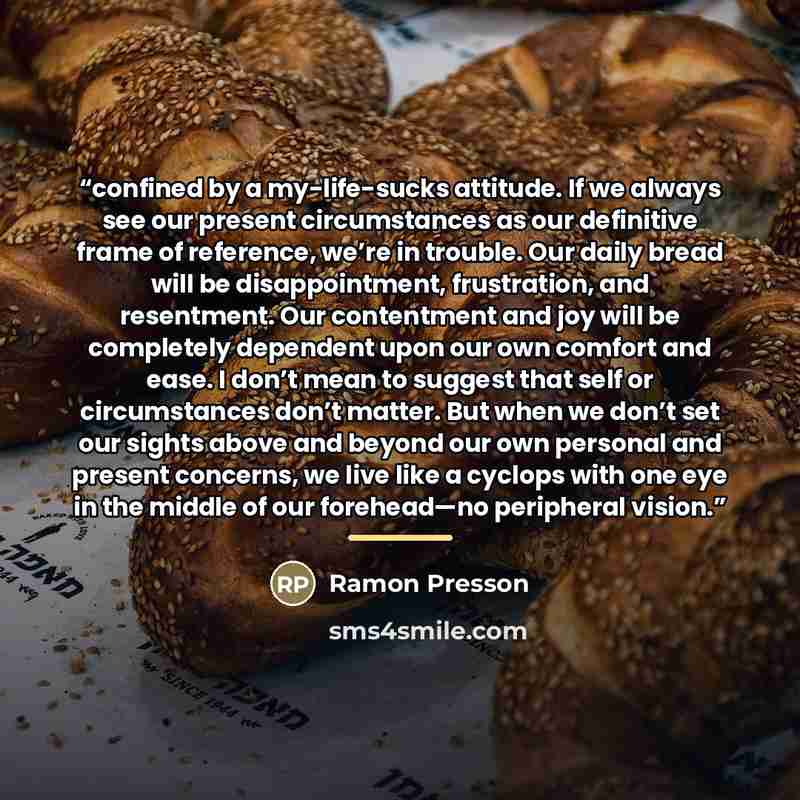 “confined by a my-life-sucks attitude. If we always see our present circumstances as our definitive frame of reference, we’re in trouble. Our daily bread will be disappointment, frustration, and resentment. Our contentment and joy will be completely dependent upon our own comfort and ease. I don’t…” quote by Ramon Presson