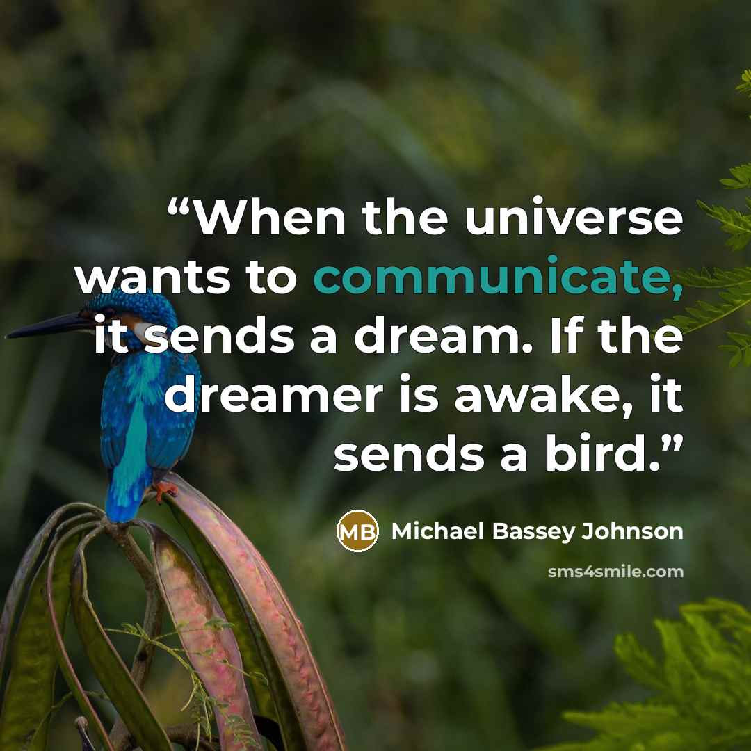 “When the universe wants to communicate, it sends a dream. If the dreamer is awake, it sends a bird.” quote by Michael Bassey Johnson
