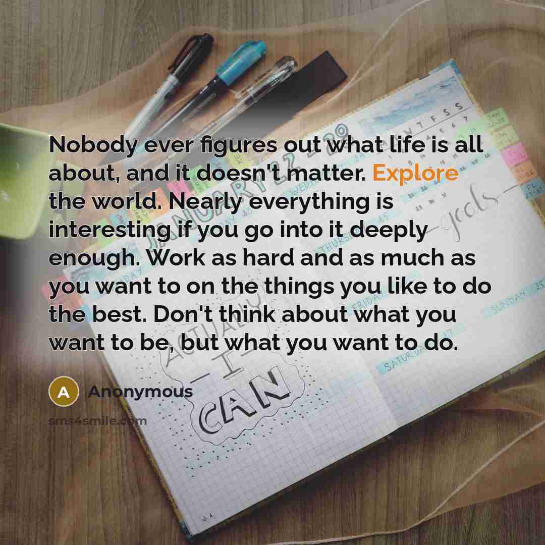 “Nobody ever figures out what life is all about, and it doesn't matter. Explore the world. Nearly everything is interesting if you go into it deeply enough. Work as hard and as much as you want to on the things you like to do the best. Don't think about what you want to be, but what you want to do.” quote by Anonymous